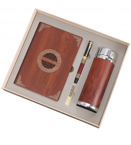 Promotion Custom Retro Wooden Logo Business Journal A5 Notebook Multi-function Souvenir Gift Set Pen/usb/water Bottles Insulated